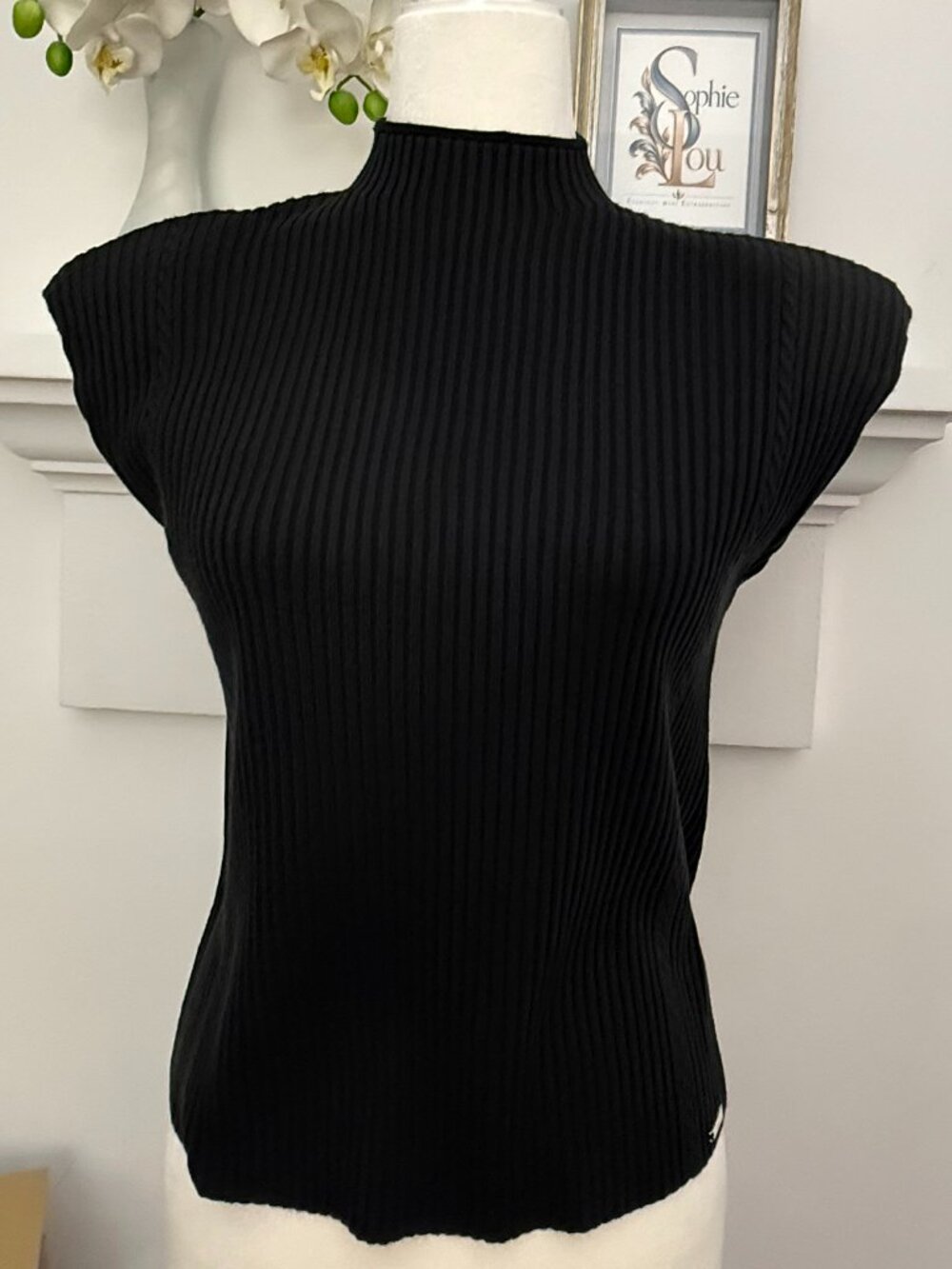 Calvin Klein Dark Navy Ribbed Mock Neck Shoulder Pad Sweater Top S NWT
